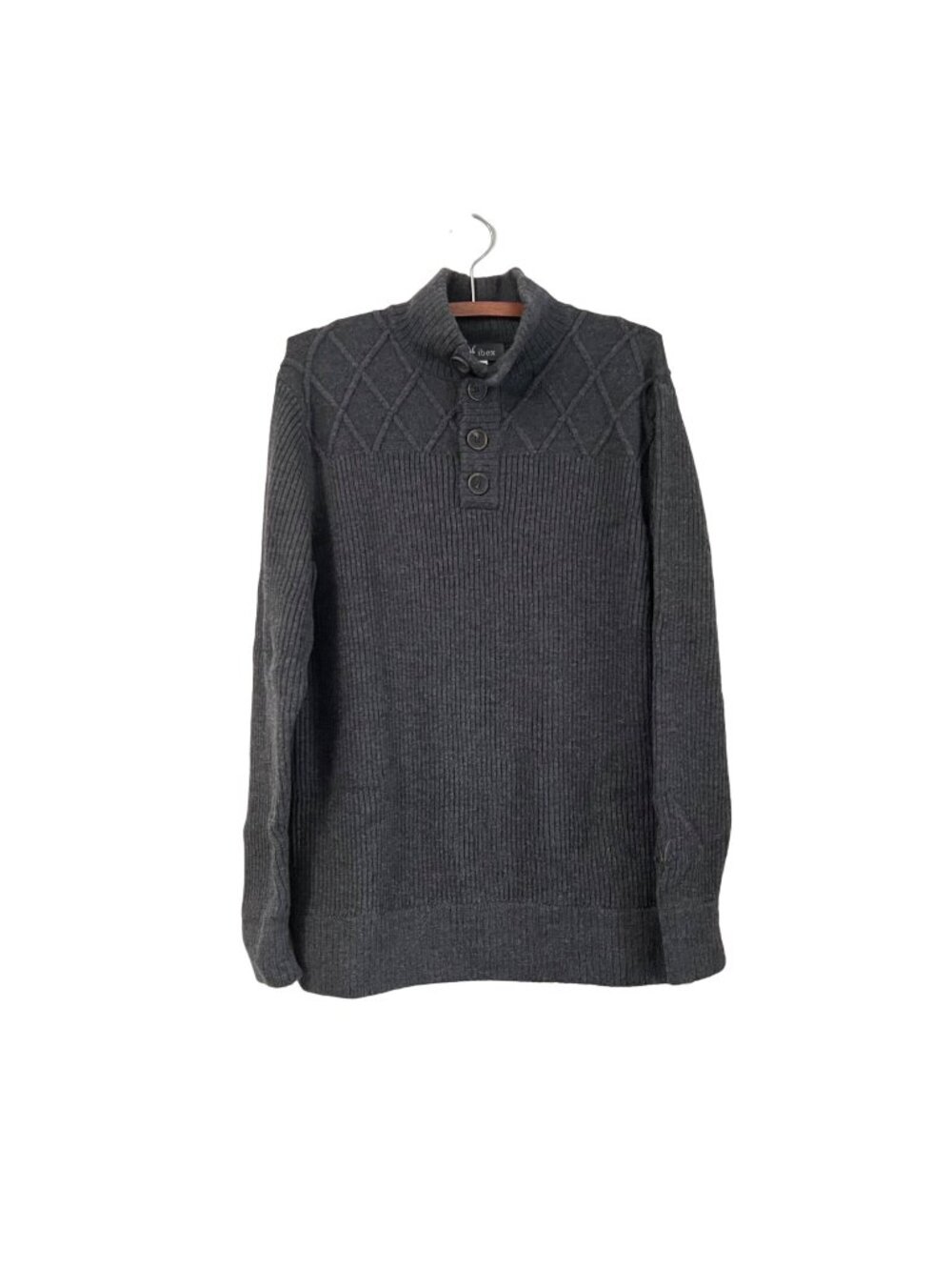Ibex Mens Charcoal Gray Merino Wool 1/4 Button Ribbed Pullover Sweater Size L